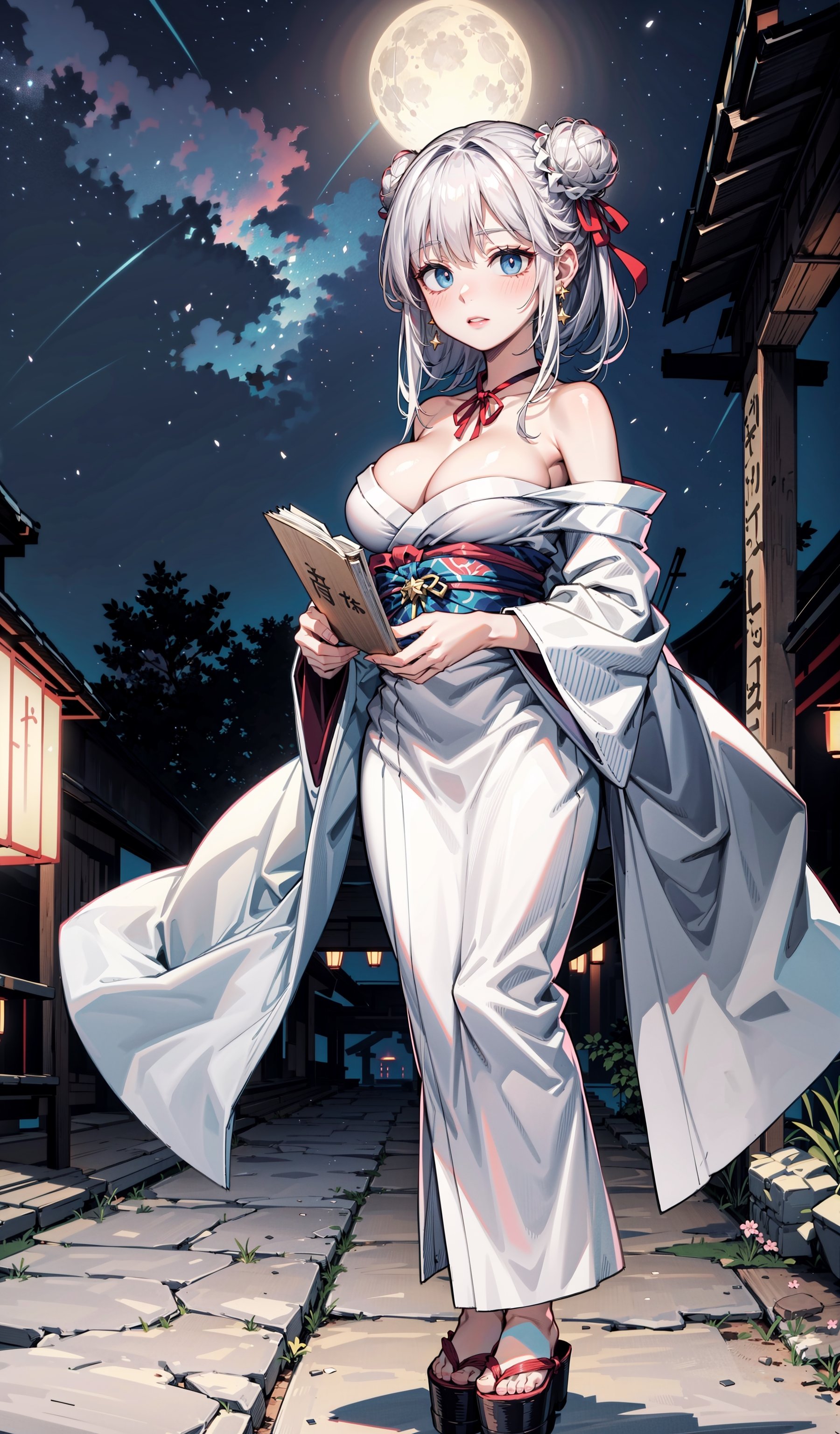 Solo girl wewring a Japanese traditional white kimono with Damascus print , long silver hairz blue eyes, standing, lanterns around her, tridiagonal japanese festival, night time starry sky, full moon, hair buns, large breast, full body, looking at viewer, cleavage, in center, pink lips, black_earrings, red ribbon around her neck ,yofukashi background