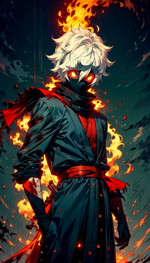 Gabimaru wearing a black ninja dress, white hair, levitating hair, detailed red glowing eyes, detailed flames around him , looking at the viewer,on right side of image, wearing a black scarf, blood on his clothes ,blood on his clothes 