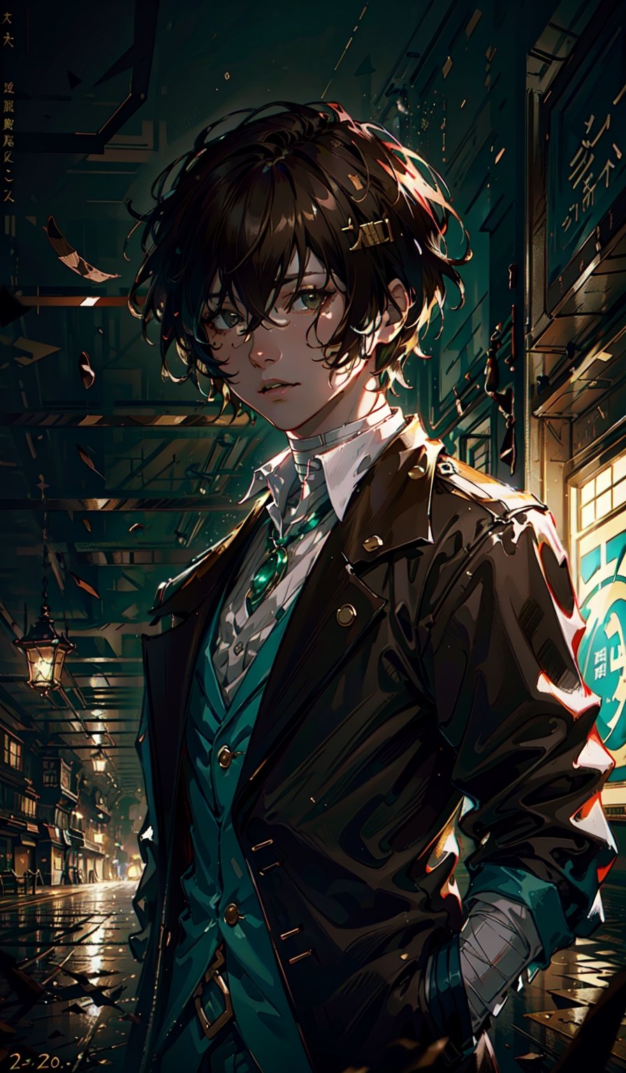 8k,RAW photo, best quality, masterpiece:1.2), (realistic, photo-realistic:1.37), masterpiece, best quality (dynamic lighting:1.2), (depth of field), (sharp focus, ) (hyper-detailed), (cinematic lighting, ) (delicate elegant facial features) (bokeh 1:1)
dazai osamu, short hair, brown hair, brown jacket, white pants, bandages, in center above torso, vinyl background, dark and green vinyl ,no_humans