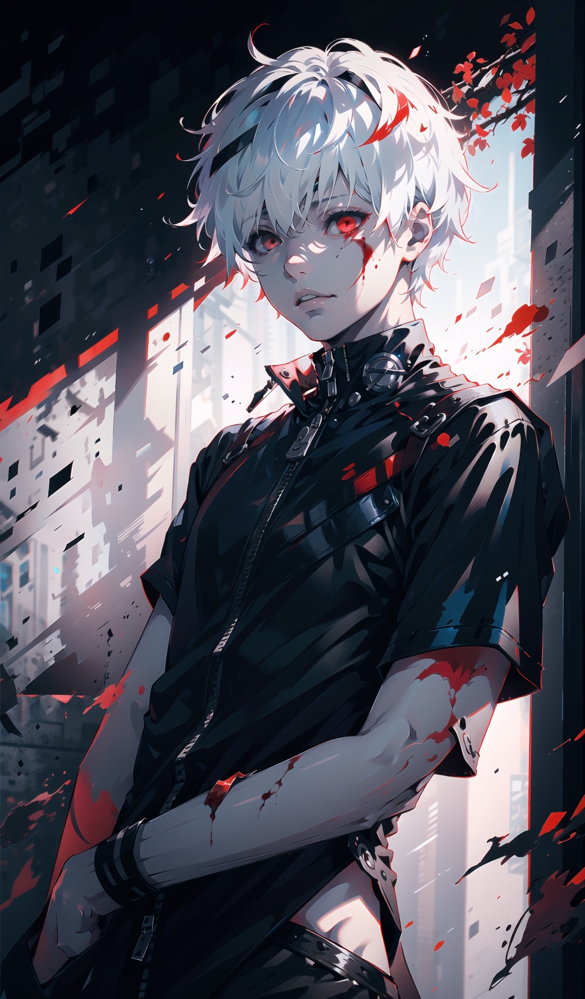 kaneki ken, white hair, red and black eyes, blood eyes, black clothes, 1man, solo, upper body,white hair, messy hair, short hair, dappled sunlight, realistic shadows, shade, shaded face, red and black filter 