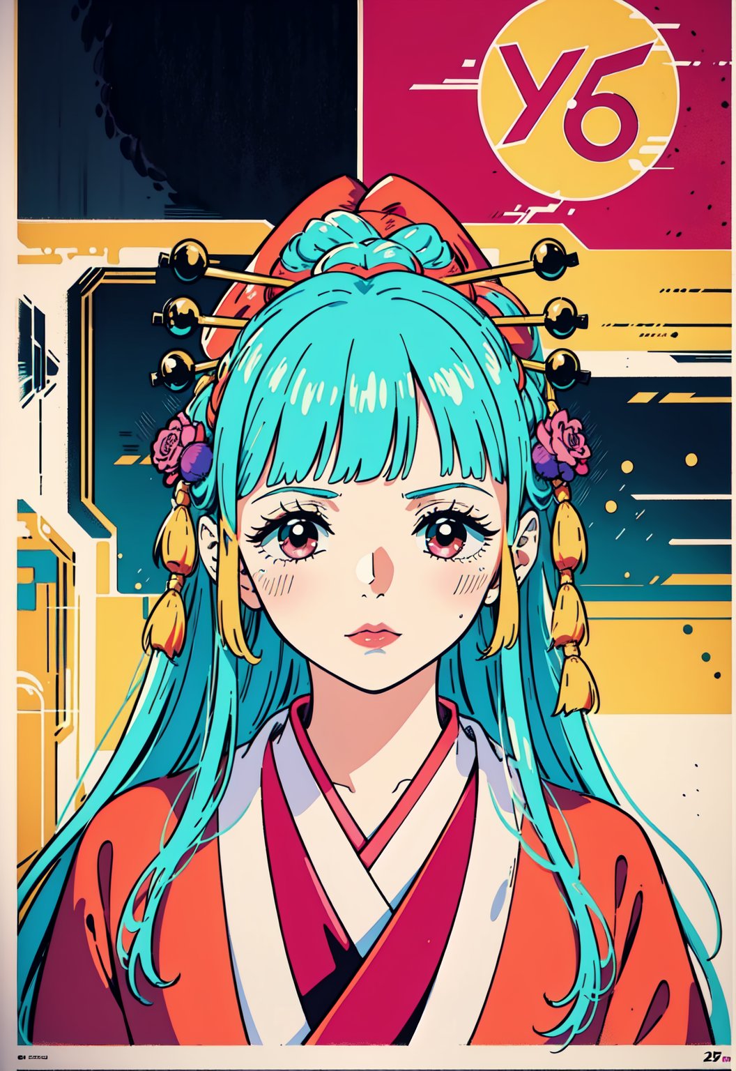 KozukiHiyori wearing naby blue kimino, with golden and red colour design on it, red sash, long sleves, in the style of poster art, dark white and light magenta, highly detailed illustrations, serene faces, light teal and light red, smooth lines, comic art --ar --s-750