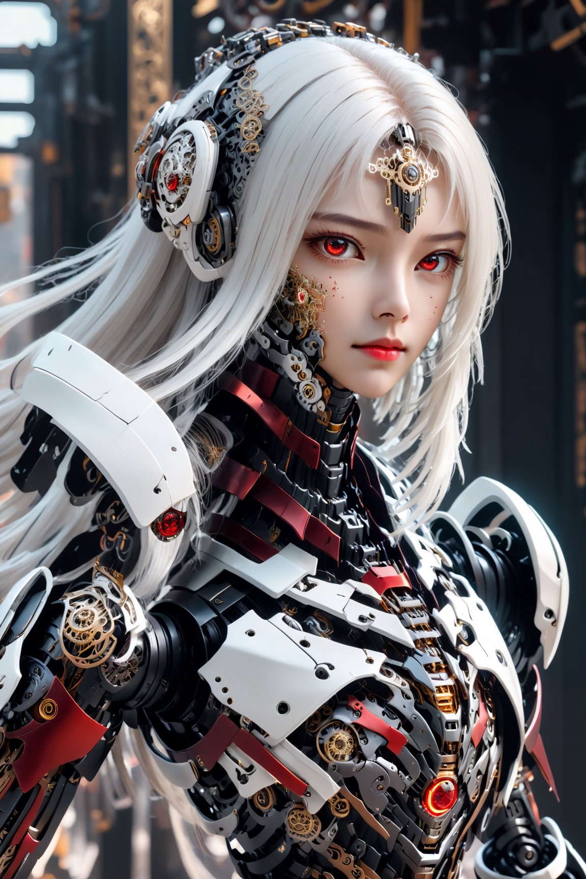 front_view, (1girl, looking at viewer), white long hair, black metalic mechanical_armor, dynamic pose, delicate white filigree, intricate filigree, red metalic parts, intricate armor, detailed part,cyborg style,steampunk style,cyberpunk style,mecha,bingnvwang,DonMCyb3rN3cr0XL 