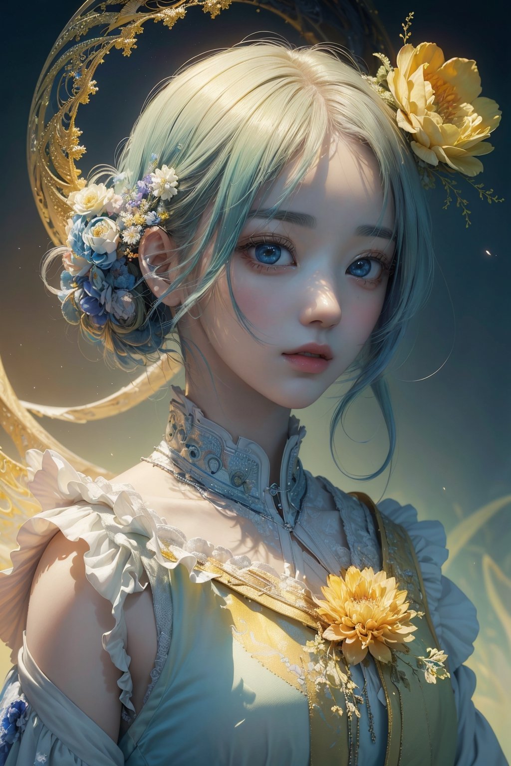 (masterpiece, top quality, best quality, official art, beautiful and aesthetic:1.2), (2girl), extreme detailed,(abstract, fractal art:1.3),colorful hair,highest detailed, detailed_eyes,yellow_lightning, light_particles, ghost, flower on head,Miyawaki