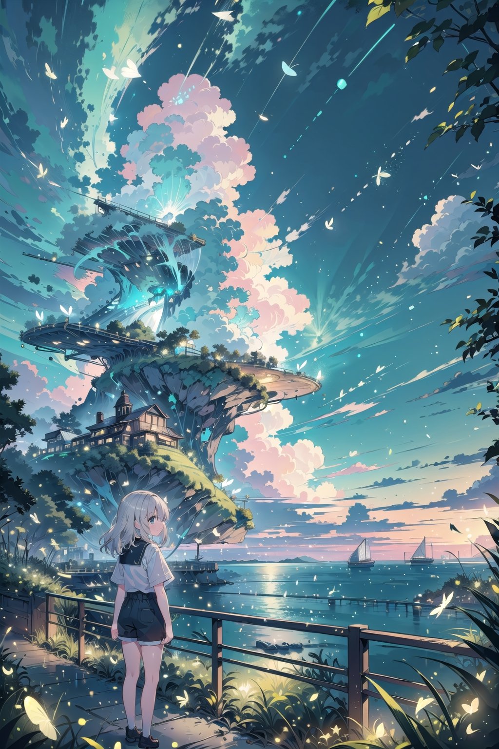 (masterpiece), science fiction, scenery,outdoors, solo girl looking at the clouds, shorts hair, ocean, day, ,firefliesfireflies