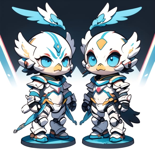 centered, full body, digital art, | cute eagle robot, chibi, metal, black and blue sky futuristic armor, neon lights, | (white background:1.2), simple background, | (symetrical), ,Animal
