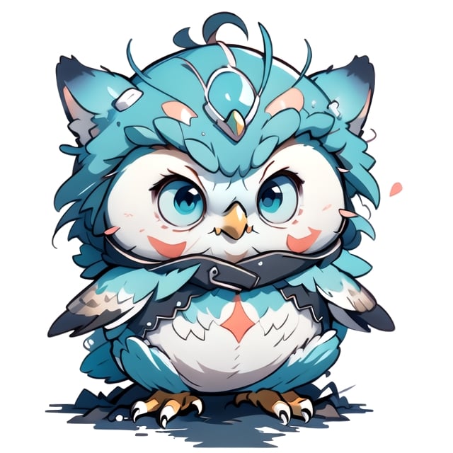 centered, solo, digital art, | cute of owl head , chibi, black and blue sky futuristic, neon lights, | (white background:1.2), simple background, | (symetrical), ,Animal,Realistic,Style,Fantz cartoon monster,Chibi