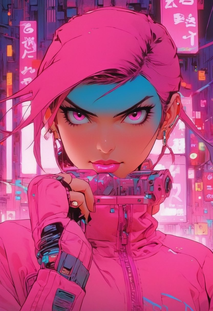 Anime artwork. Portrait of a woman in pink cyberpunk suit, art by Suehiro Maruo, art by Etam Cru, rim lighting, soft lighting, bright image,nindi