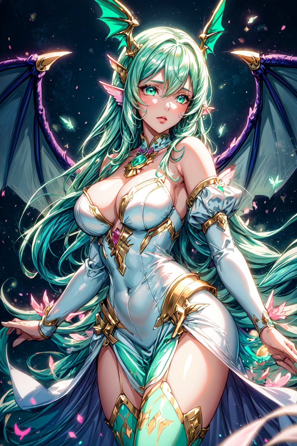 masterpiece, 1 girl, Extremely beautiful woman standing in a lake with very large glowing dragon wings, glowing hair, long cascading hair, neon mint green hair, mint green and white dress, twilight, lots of tiny fairies flying around, full lips, hyperdetailed face, detailed eyes, dynamic pose, cinematic lighting, pastel colors, perfect hands, dragon girl, girl with dragon wings, dark fantasy