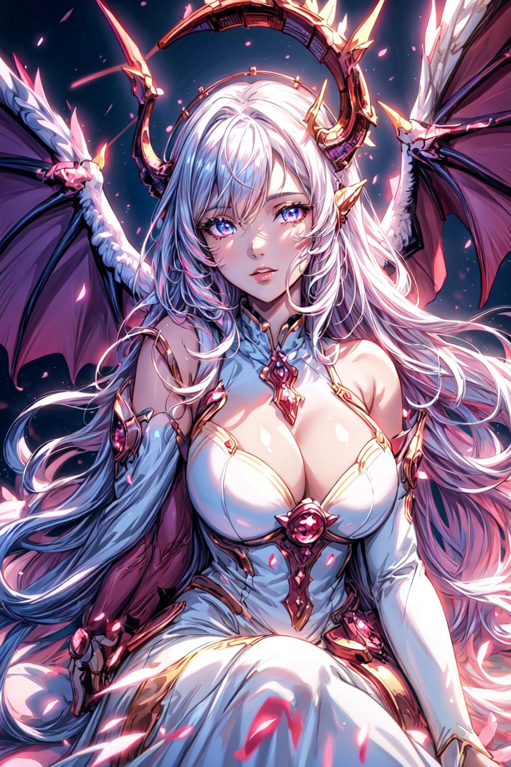 masterpiece, 1 girl, Extremely beautiful woman sitting at the edge of a lake with very large glowing dragon wings, glowing hair, long cascading hair, white hair, crimson dress with white skirt, dawn, full lips, hyperdetailed face, detailed eyes, dynamic pose, cinematic lighting, pastel colors, perfect hands, dragon girl, girl with dragon wings, dark fantasy