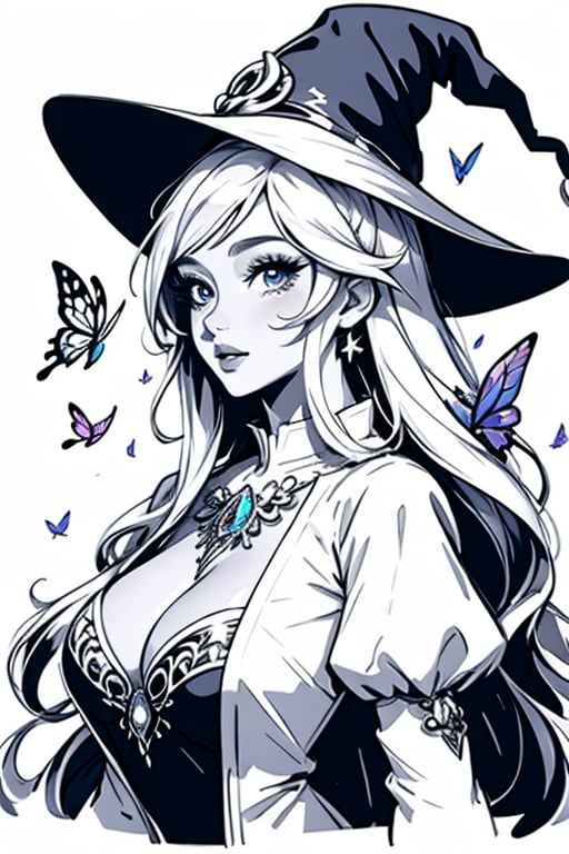 masterpiece, best quality, illustration, sketch, monchrome, with no shadow, white background, (lineart), (colorless), (add_detail:-1), (monchrome), upper body only, body facing viewer, a beautiful witch casting a spell with butterflies around her, ornate sexy dress, wizard hat with jewels, elegant, very long hair, white background, detailed eyes, big eyes, full lips, Fantasy