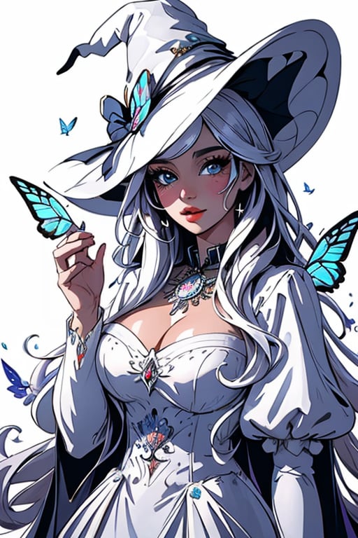 masterpiece, best quality, illustration, sketch, monchrome, with no shadow, white background, (lineart), (colorless), (add_detail:-0.5), (monchrome), upper body only, body facing viewer, a beautiful witch casting a spell with butterflies around her, ornate sexy dress, wizard hat with jewels, elegant, very long hair, white background, detailed eyes, big eyes, full lips, Fantasy