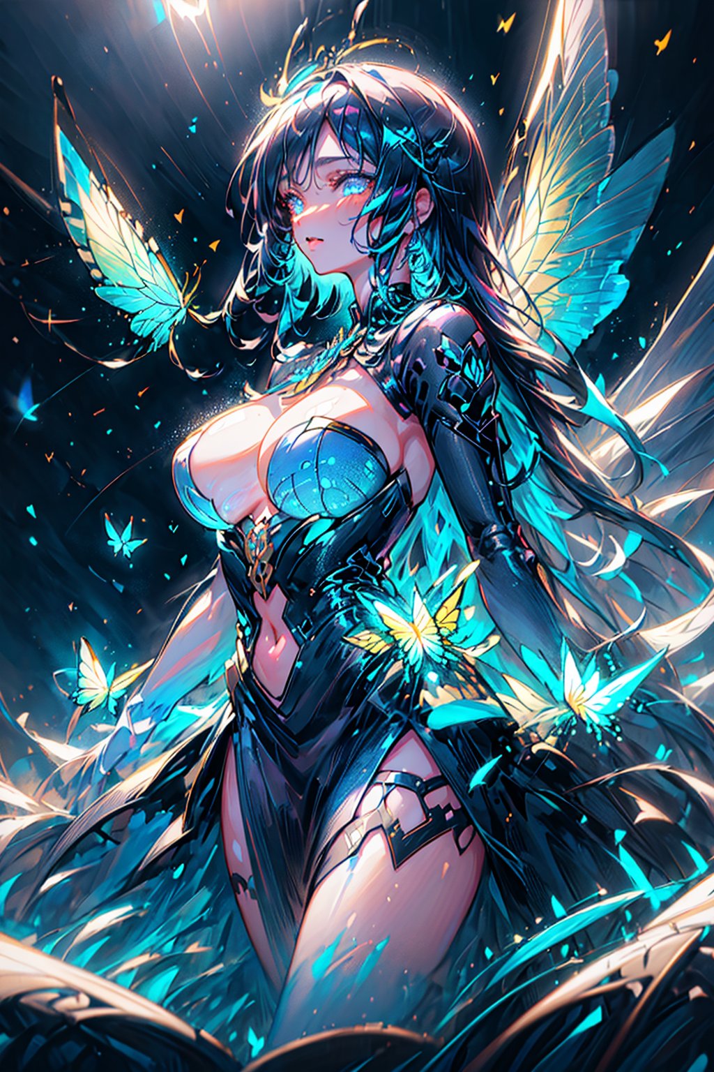 masterpiece, 1 girl, Extremely beautiful woman standing in a glowing lake with very large glowing blue butterfly wings, glowing hair, long cascading hair, neon hair, ornate butterfly dress, midnight, lots of glowing butterflies flying around, full lips, hyperdetailed face, detailed eyes