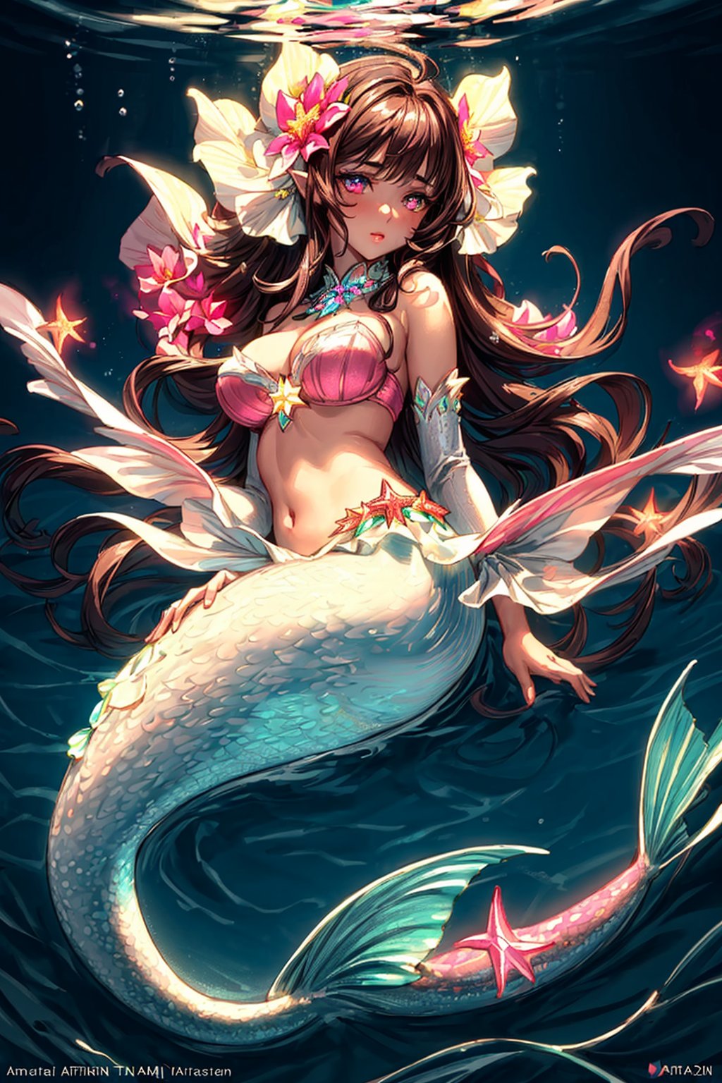 masterpiece, best quality, illustration, full body facing viewer, a beautiful mermaid in a lagoon ornate sexy white pink gold bra, pink glittering mermaid tail, elegant, starfish jewelry, very long brunette hair, detailed environment, underwater with luminous tropical fish,  (dynamic lighting:1.2), cinematic lighting, delicate facial features, detailed eyes, light pink eyes, big eyes, long brunette hair, realistic pupils, depth of field, sharp focus, (hyper-detailed, bloom, glow:1.4), full lips, bright pink eyes, mystical atmosphere, kind face, Fantasy,atdan style, phcrystal, brown hair with starfish in it