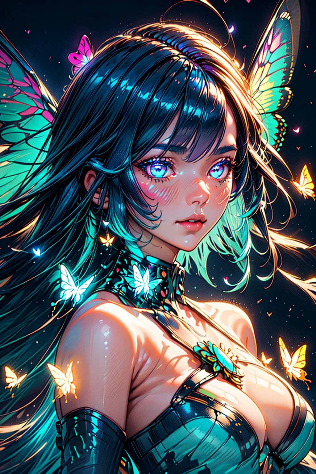 masterpiece, 1 girl, Extremely beautiful woman standing in a glowing lake with very large glowing blue butterfly wings, glowing hair, long cascading hair, neon hair, ornate butterfly dress, midnight, lots of glowing butterflies flying around, full lips, hyperdetailed face, detailed eyes