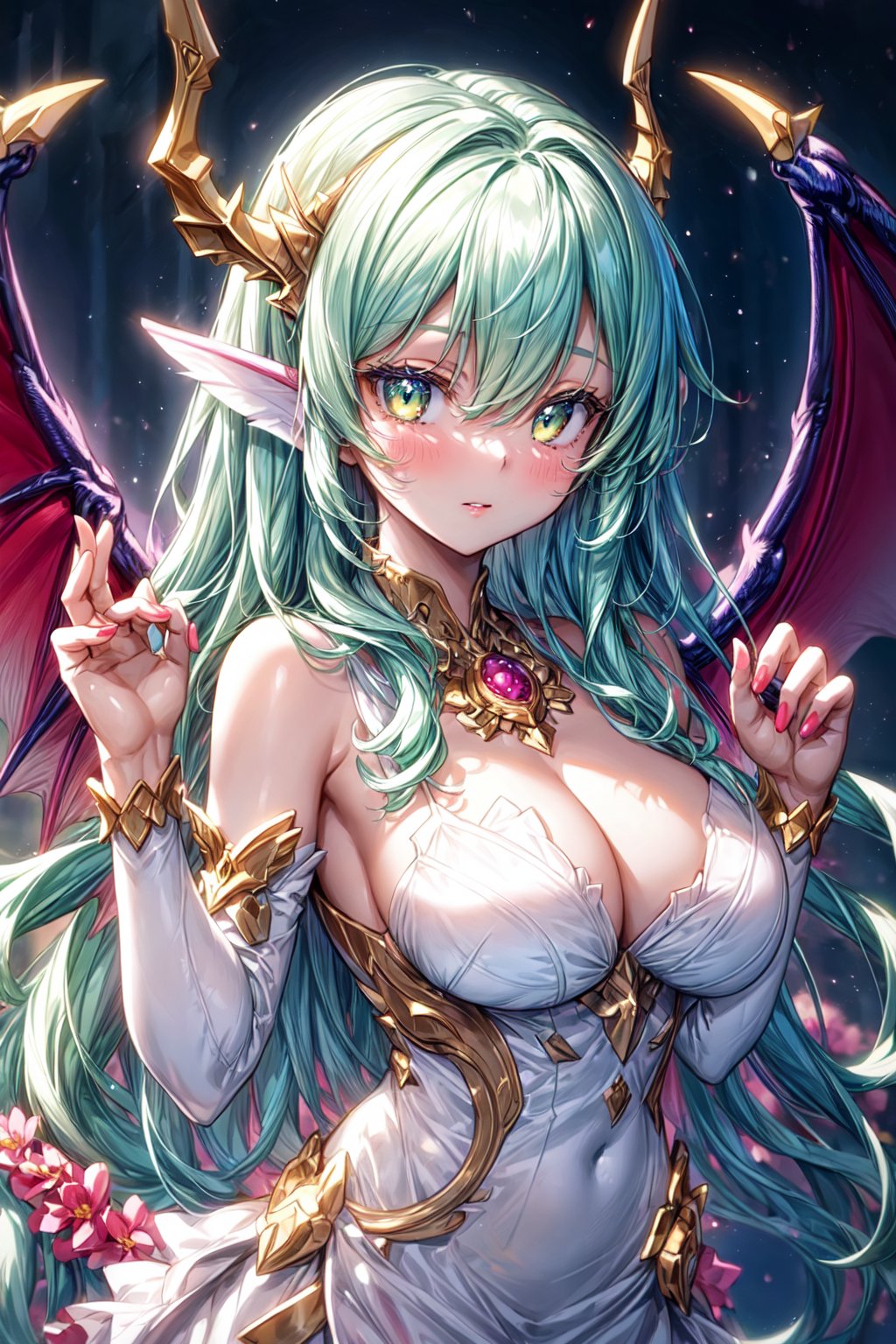 masterpiece, 1 girl, Extremely beautiful woman standing in a lake with very large glowing dragon wings, glowing hair, long cascading hair, neon mint green hair, mint green and white dress, twilight, lots of tiny fairies flying around, full lips, hyperdetailed face, detailed eyes, dynamic pose, cinematic lighting, pastel colors, perfect hands, dragon girl, girl with dragon wings, dark fantasy