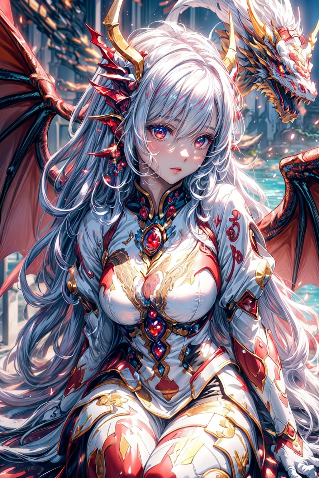 masterpiece, 1 girl, Extremely beautiful woman sitting at the edge of a lake with very large glowing dragon wings, glowing hair, long cascading hair, white hair with crimson highlights, crimson dress with white skirt, dawn, full lips, hyperdetailed face, detailed eyes, dynamic pose, cinematic lighting, perfect hands, dragon girl, girl with dragon wings, dark fantasy