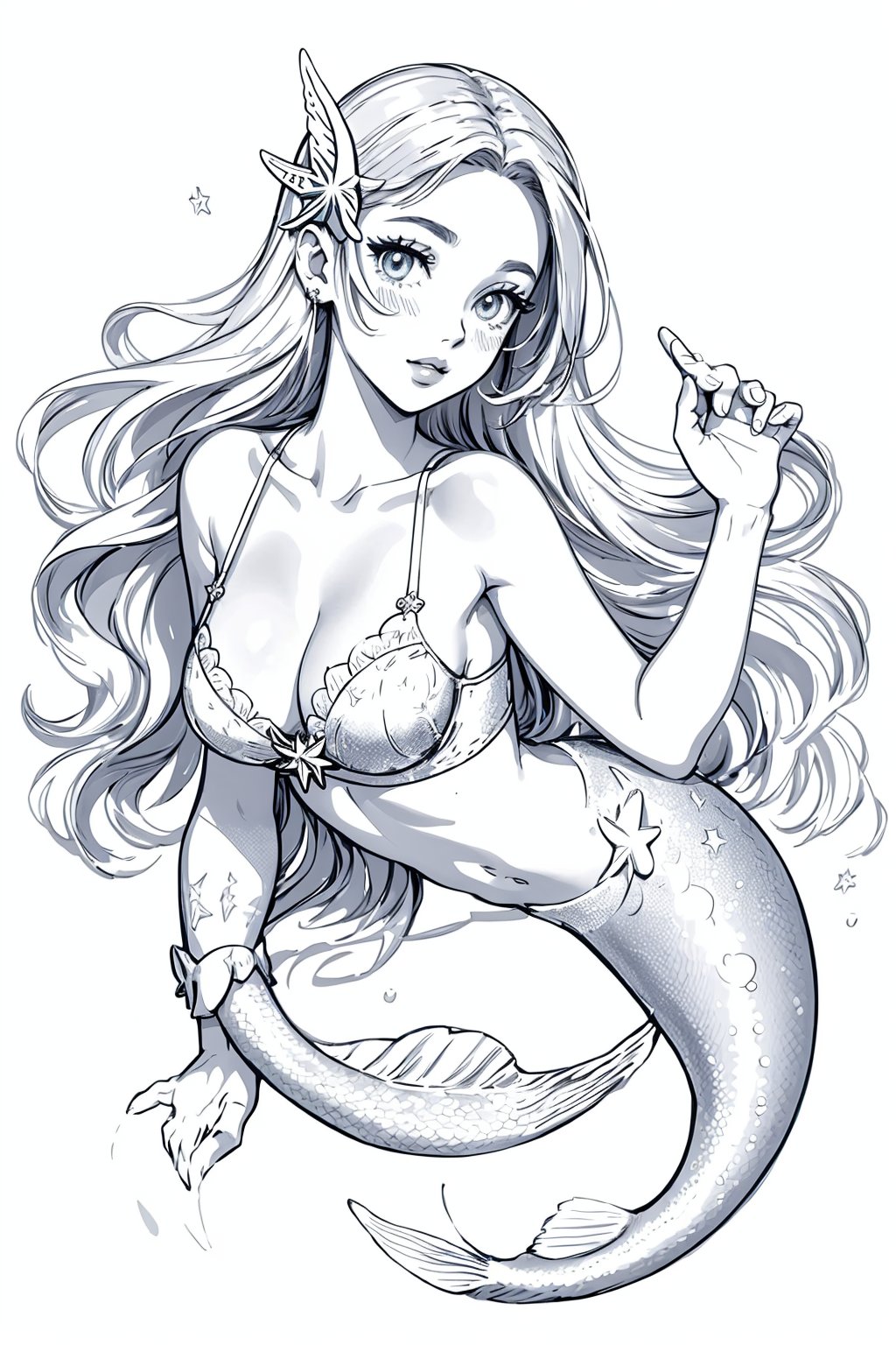 masterpiece, best quality, illustration, sketch, monchrome, with no shadow, white background, (lineart), (colorless), (add_detail:-0.7), (monchrome), upper body only, body facing viewer, a beautiful mermaid in a lagoon, starfish bra, mermaid tail, starfish jewelry, very long hair, fish around her, white background, detailed eyes, big eyes, full lips, Fantasy
