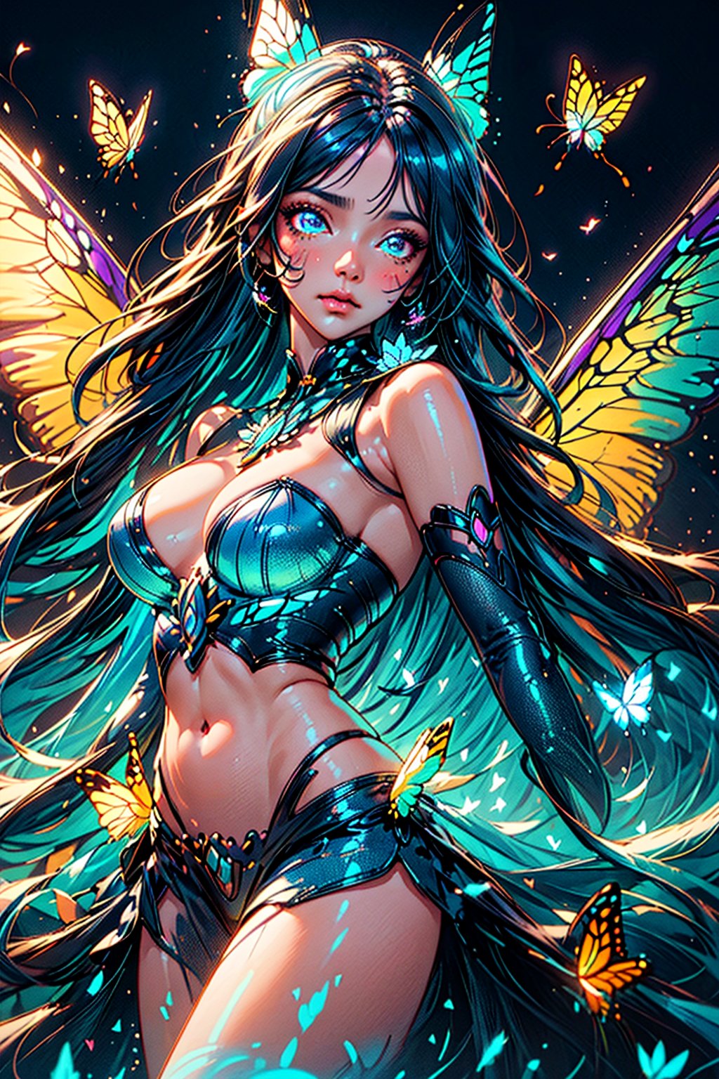 masterpiece, 1 girl, Extremely beautiful woman standing in a glowing lake with very large glowing blue butterfly wings, glowing hair, long cascading hair, neon hair, ornate butterfly dress, midnight, lots of glowing butterflies flying around, full lips, hyperdetailed face, detailed eyes, belly_dancer