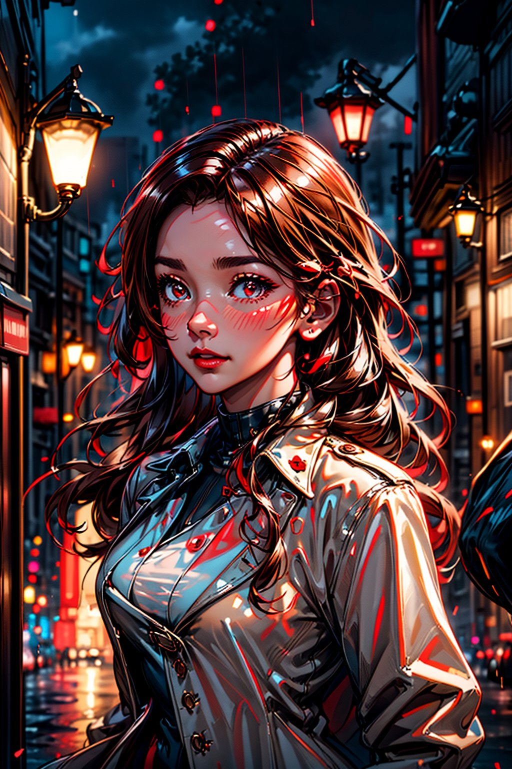 a beautiful woman wearing a red trench coat, dancing in the rain under a street lamp, looking up, raining hard, key visual, vibrant, highly detailed, expressive, cinematic lighting, detailed eyes, cheerful, brown hair