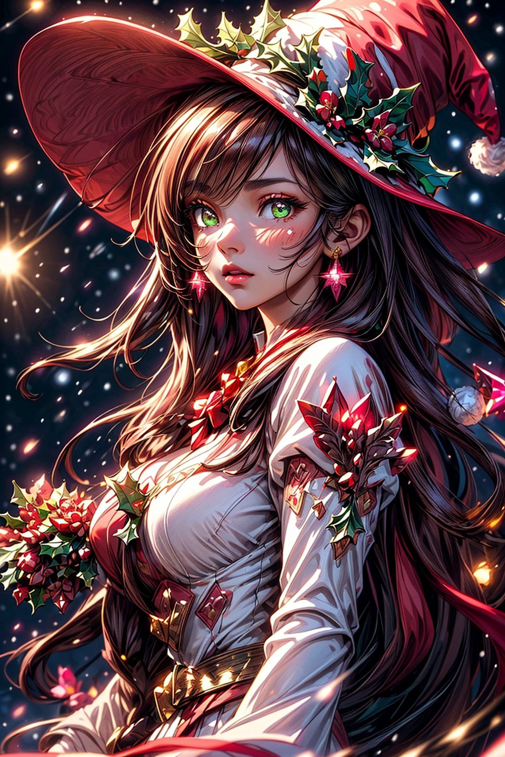 masterpiece, best quality, illustration, full body facing viewer, 1 girl, a beautiful christmas witch with snow around her, wearing an ornate sexy white red gold dress, wearing a red wizard hat with green jewels, elegant, very long brunette hair, high and detailed environment,  (dynamic lighting:1.2), cinematic lighting, delicate facial features, detailed eyes, light green eyes, big eyes, long brunette hair, realistic pupils, depth of field, sharp focus, (hyper-detailed, bloom, glow:1.4), full lips, bright pink eyes, mystical atmosphere, kind face, cheerful, Fantasy, atdan style, phcrystal, Christmas, candy cane earrings, christmas tree in the background
