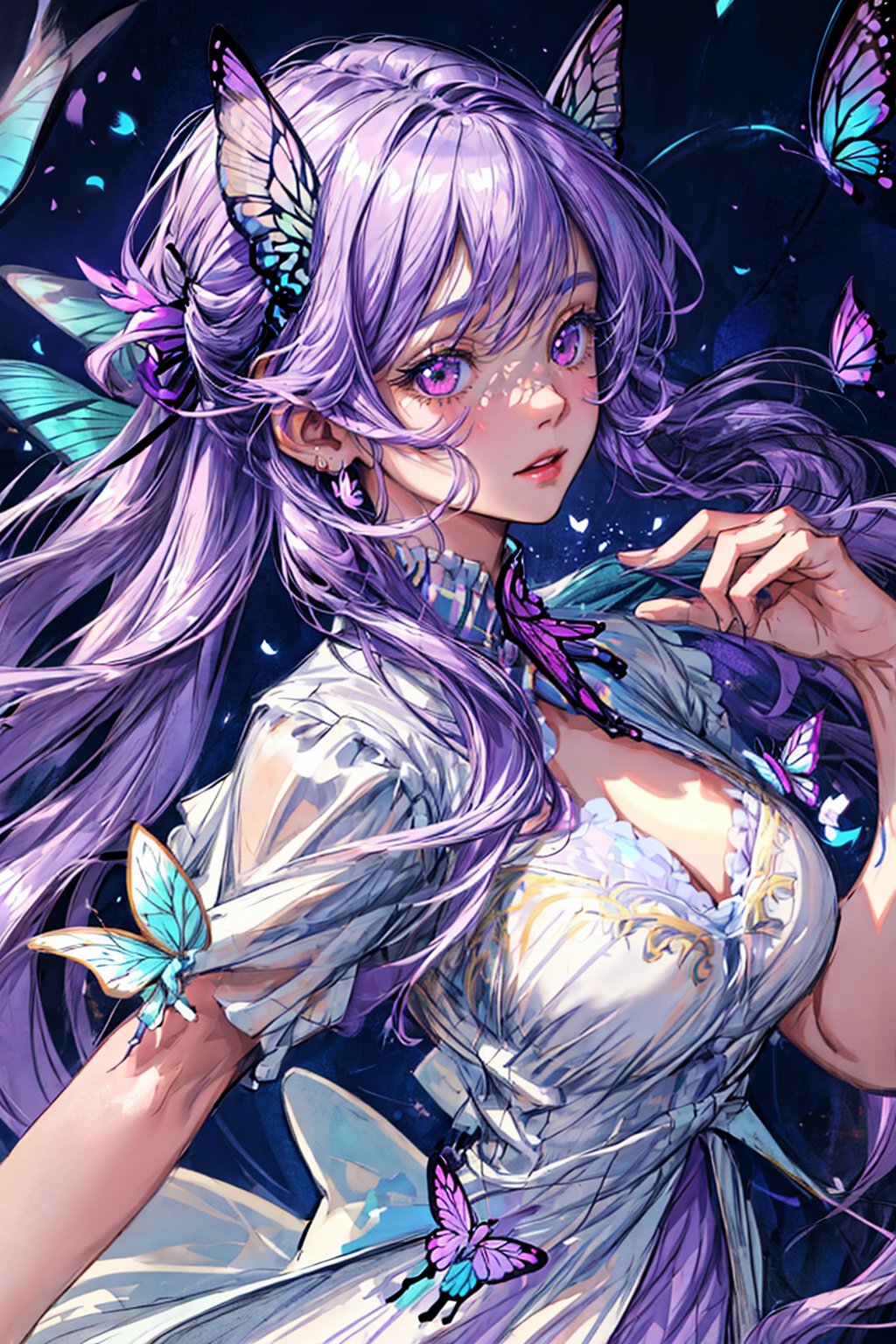 masterpiece, 1 girl, Extremely beautiful woman, looking up, standing in a lake with very large glowing lavender butterfly wings, glowing hair, long cascading hair, neon hair, ornate lavender and white butterfly dress, twilight, raining, lots of glowing butterflies flying around, full lips, hyperdetailed face, detailed eyes, dynamic pose, cinematic lighting, pastel colors,perfecteyes