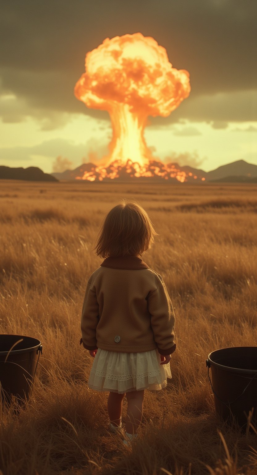 a small child stands in a field of tall brown grass, looking up at a giant atomic mushroom that is burning in the distance. The atomic mushroom is glowing with a bright orange hue, adding a pop of color to the scene. The child's hair is short and brown, and she is wearing a long-sleeved white dress with a brown jacket draped over her shoulders. There are two black buckets on the right side of the image, adding contrast to the overall composition.RAW photo, great lighting, intricate detail