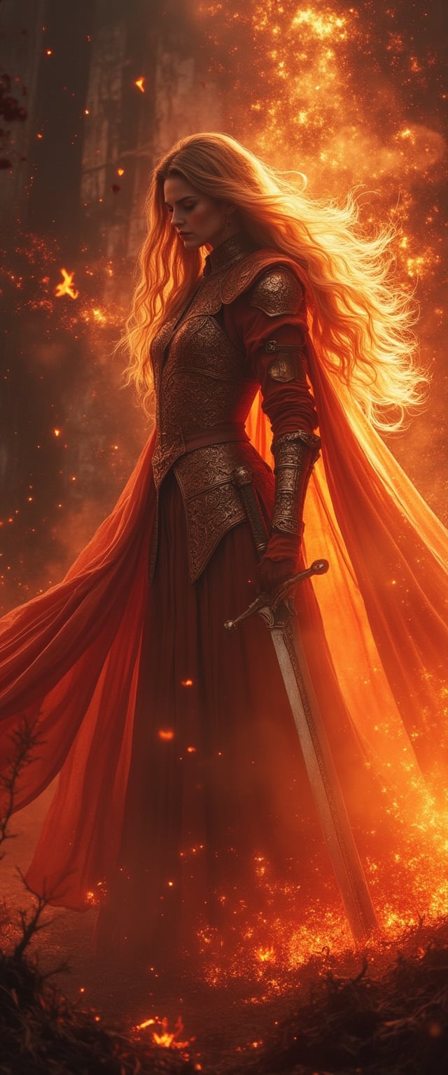 striking and surreal scene that combines elements of both the natural world and fantasy. Woman is surrounded by a burst of colorful sparks, which appear to be emerging from her dress, creating a dynamic and whimsical effect. FredFraiStyle. long haired shrouded Silhouette of a charming woman with towering billowing Hair and fire Cape, Standing Battle ready with powerful thin Long sword, vibrant red/beige Gradient, Highly detailed close-up action scene of a knight in intricately patterned armor. holding a blazing legendary sword. The scene is set in a misty, fog-filled night with a vibrant color palette with deep blacks. RAW photo, great lighting, intricate detail