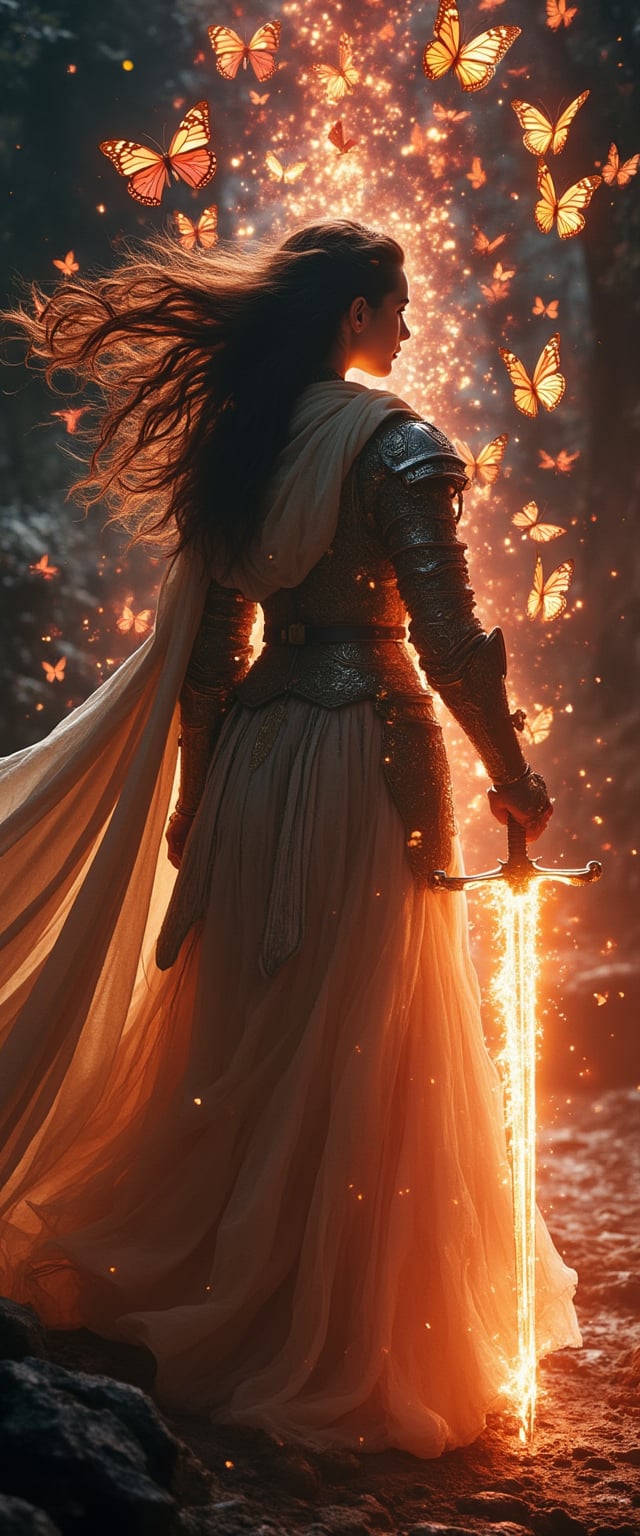 striking and surreal scene that combines elements of both the natural world and fantasy. Woman is surrounded by a burst of colorful butterflies, which appear to be emerging from her dress, creating a dynamic and whimsical effect. FredFraiStyle. long haired shrouded Silhouette of a charming woman with towering billowing Hair and neon White Cape, Standing Battle ready with powerful thin Long sword, vibrant red/beige Gradient, Highly detailed close-up action scene of a knight in intricately patterned armor. holding a blazing legendary sword. The scene is set in a misty, fog-filled night with a vibrant color palette with deep blacks. RAW photo, great lighting, intricate detail