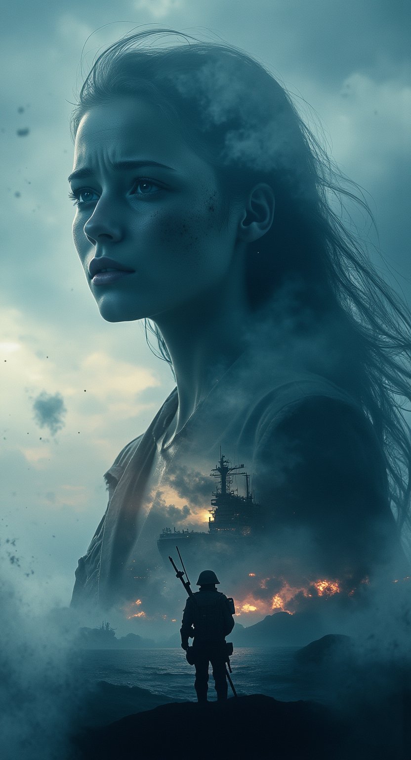 HD 8K, Ultra HD, Beautiful double exposure photo combining silhouette of close-up shot captures a Crying sad adorable woman in a stormy night sky with long floating hair with perfect facial features and soldier stand in front of a battleship, each holding a rifle in their hands, light beyond the horizone should be the main background, Rich details are integrated into the goddess, by yukisakura, Sharp lines, Highly saturated colors, Wonderful, Sharp focus, Double exposure, Wonderful full color,