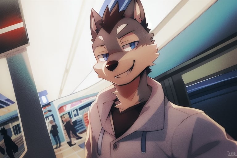 e621, 1boy, Furry male wolf smiling in a train station