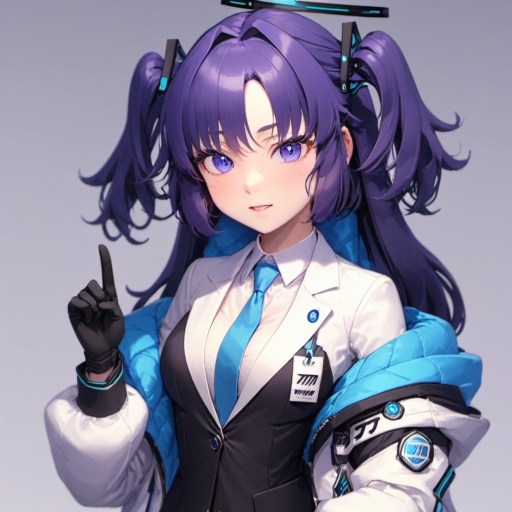 1girl, YUUKA, bangs, black gloves, breasts, eyebrows visible through hair, gloves, gradient, gradient background, hair ornament, halo, jacket, long hair, long sleeves, looking at viewer, necktie, off shoulder, open clothes, purple eyes, purple hair, shirt, solo, twintails, two side up, upper body, v, white shirt,