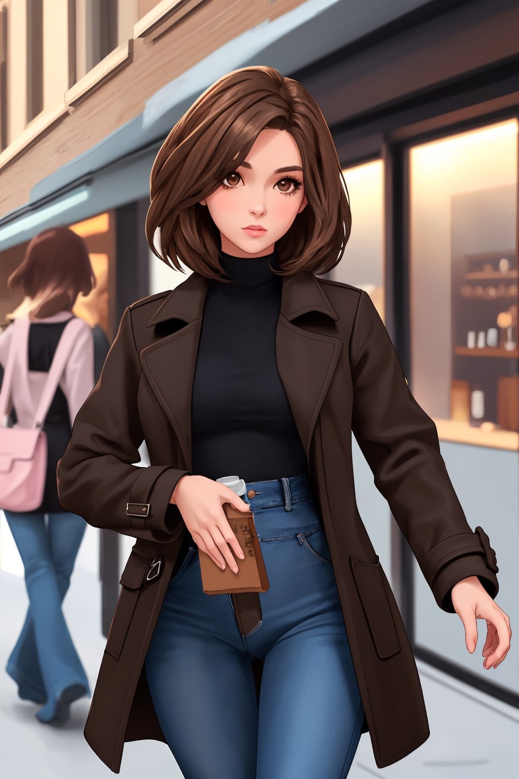 girl, brown-hair. brown eyes , black dress ,Short jean coat