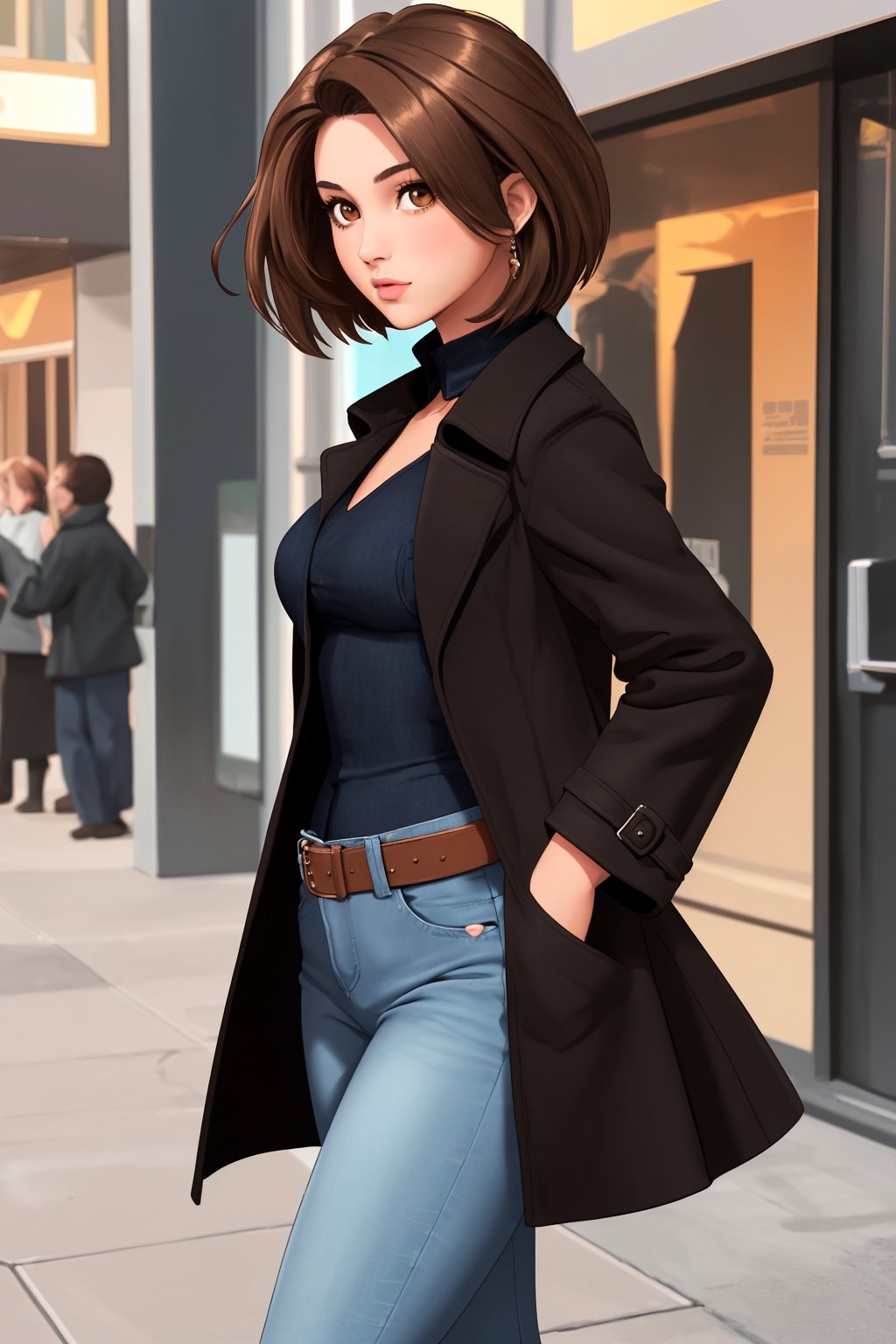 girl, brown-hair. brown eyes , black dress ,Short jean coat