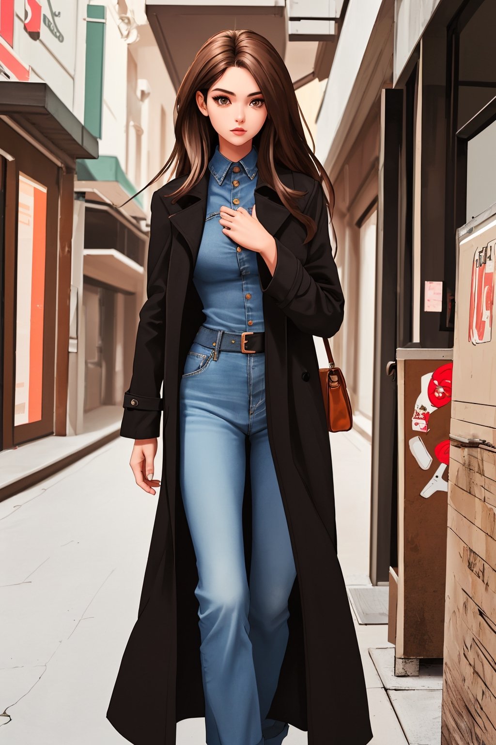 girl,long brown hair. brown eyes , black long dress ,Short jean coat