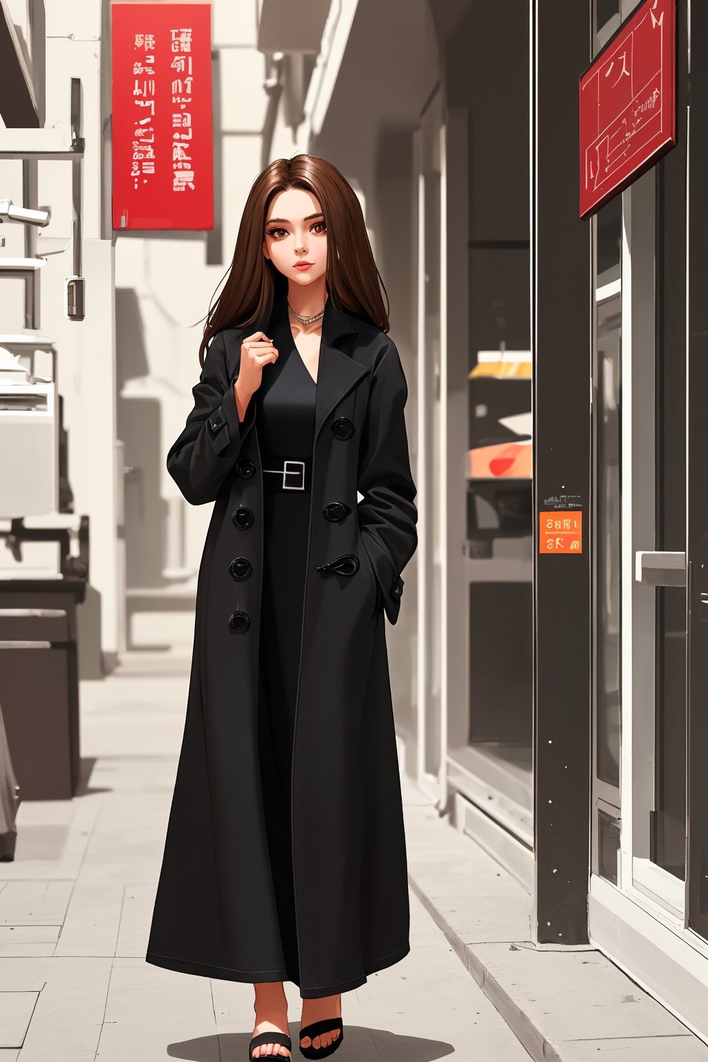 girl,long brown hair. brown eyes , black long dress ,Short jean coat