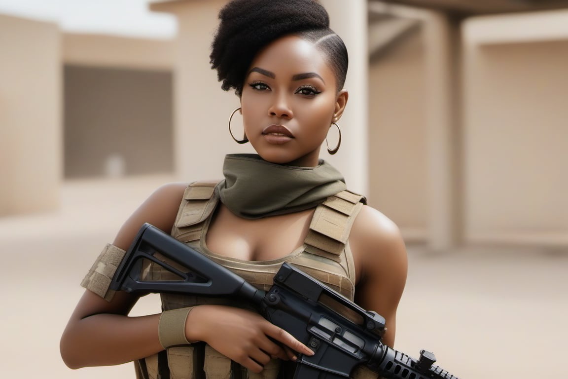 A nsfw image of a black girl soldier wearing no top