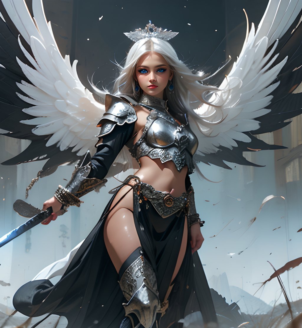 (masterpiece), utra-detailed, beautifullwomen, seductive, visible thighs, ruined background, weapon,perfecteyes, hyper-detailed, detailedface, detailed-eyes, beautifull women, fullbody, angel_wings, cinematic, detailed sleek armor, silver bracelets, (long white hair), sword, silver jewellery, goddess, 