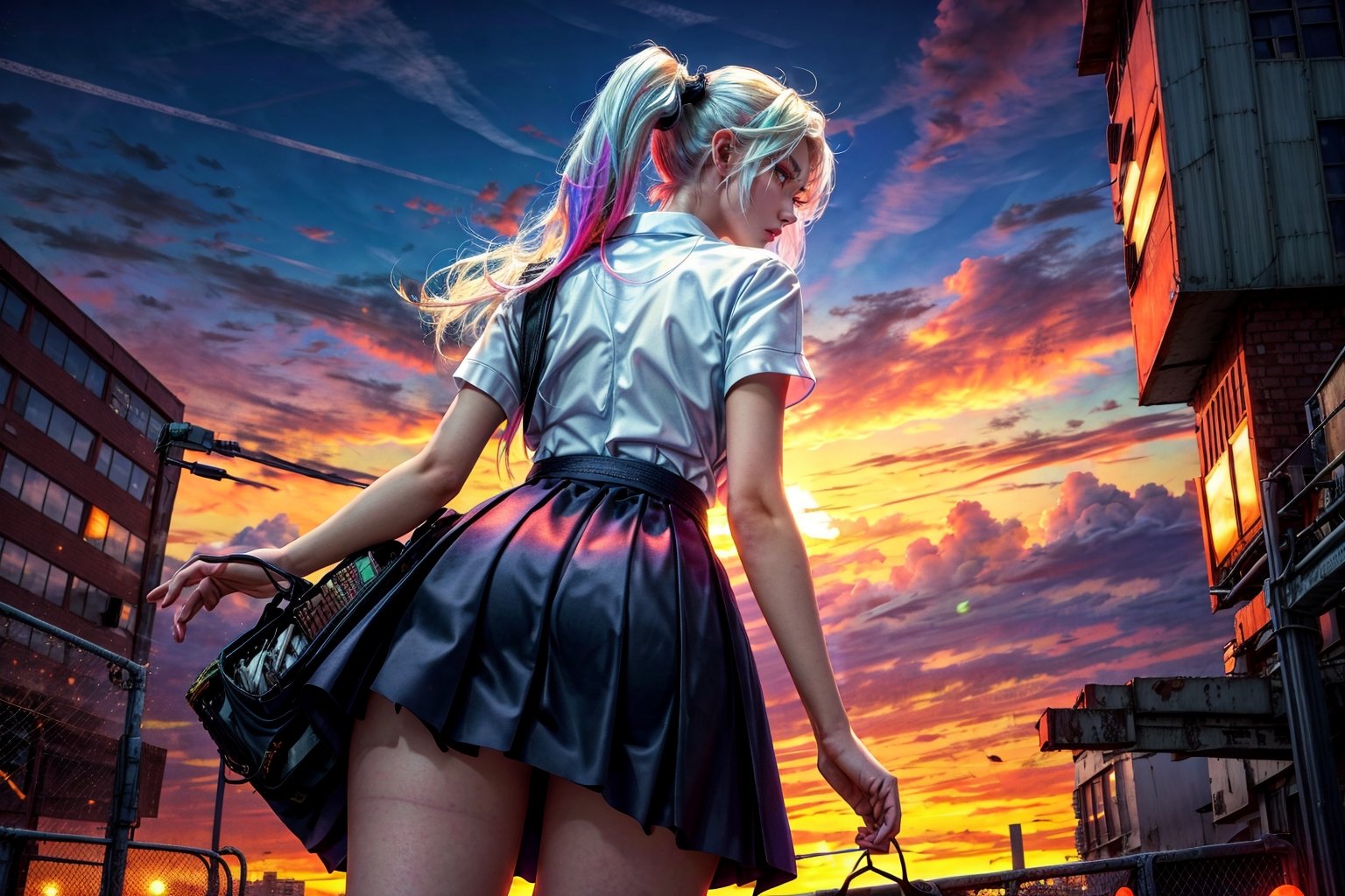 Teen girl, (school dress:1.4), white top, black skirt, white ponytail, white hairs, highschool girl,( backview:1.5),(long shot:1.5), (from below:1.3), dystopian city background, shops, vendors, old,(well developed thighs:1.3),DonMV01dm4g1c, night view, sparkles in the sky, destroyed electronic towers, (vibrant sunset:1.4), auroro across the sky