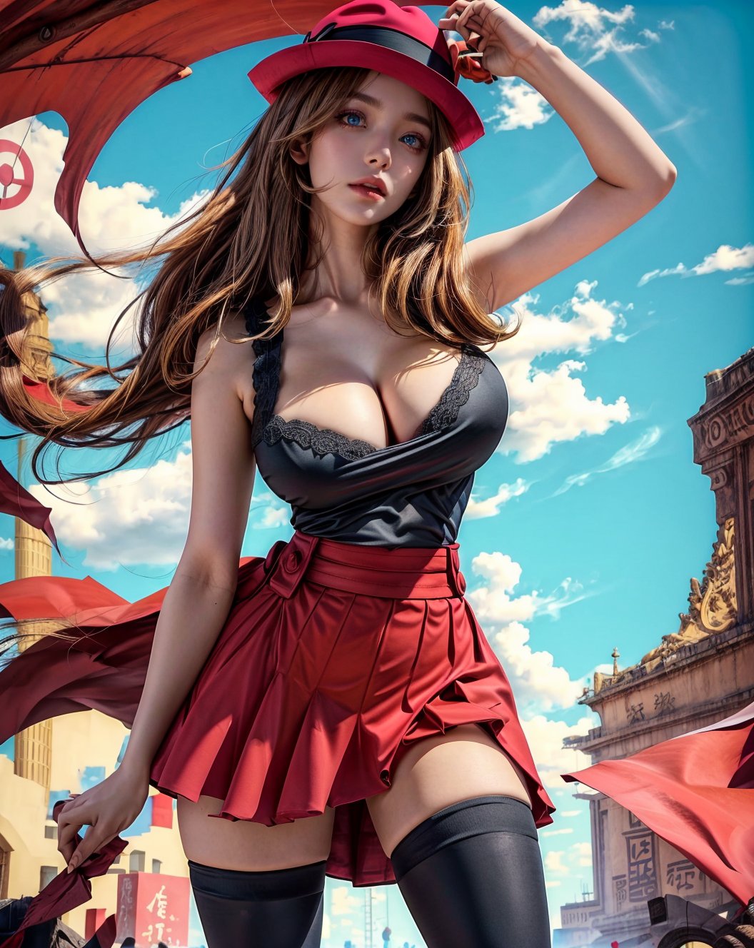 realistic, detailed face, beautifull eyes, (( high detailed)), realism, red skirt((perfect body)), ((cleavage)), ((long shot)), ((hips)),seductive, (( legs, thighs)),((sexy dynamic pose)), black top, Detailedface ,Detailedeyes, realistic background,  ,SERENA \(POKEMON\), wide hat,(( black thigh highs)), 1GIRL, LONG HAIr,yofukashi background