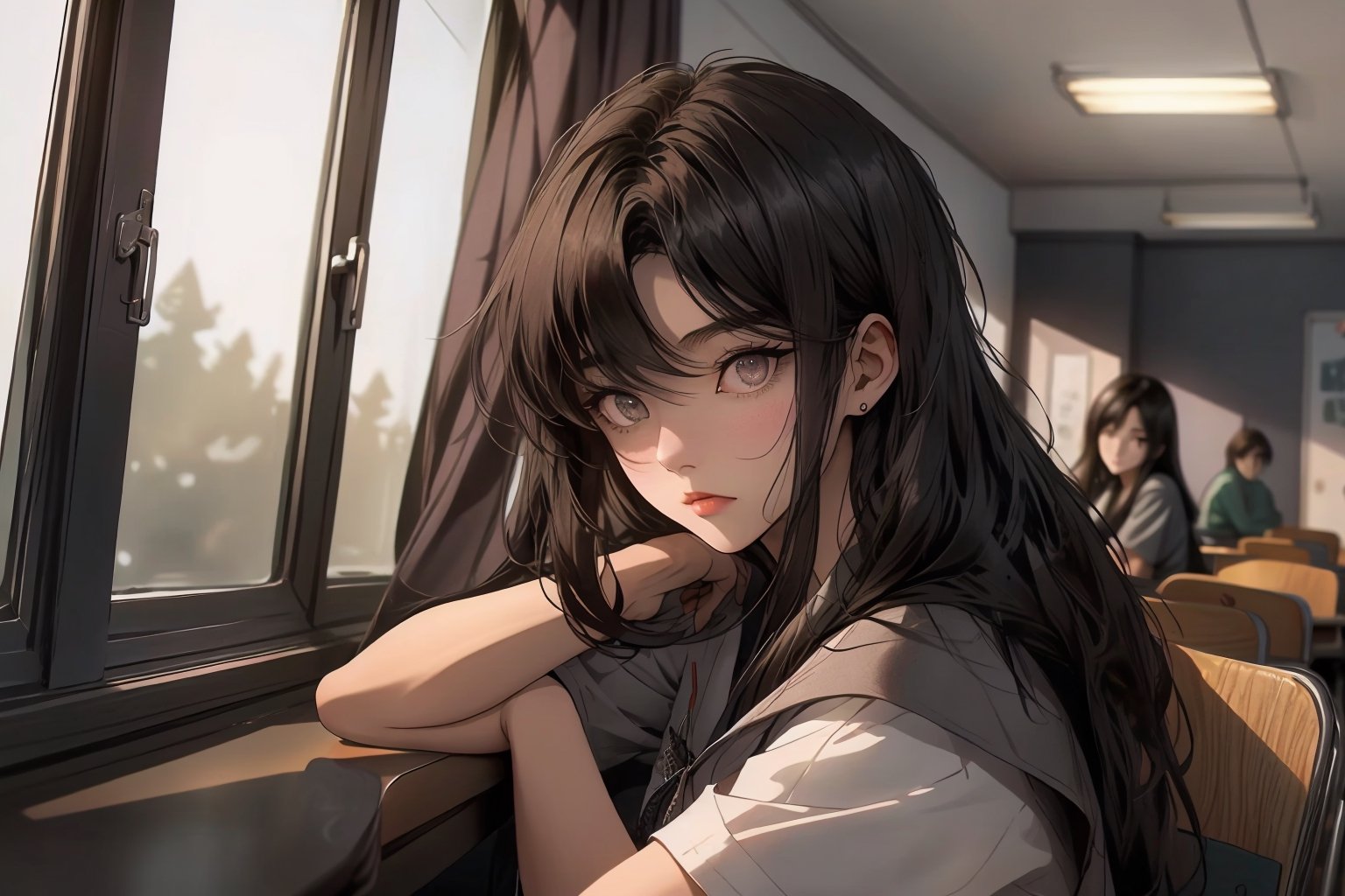 She was sitting in the back of the class, her long dark hair cascading over her shoulders, her dark black eyes staring out the window. side look, looking outside the window, in a high school classroom.