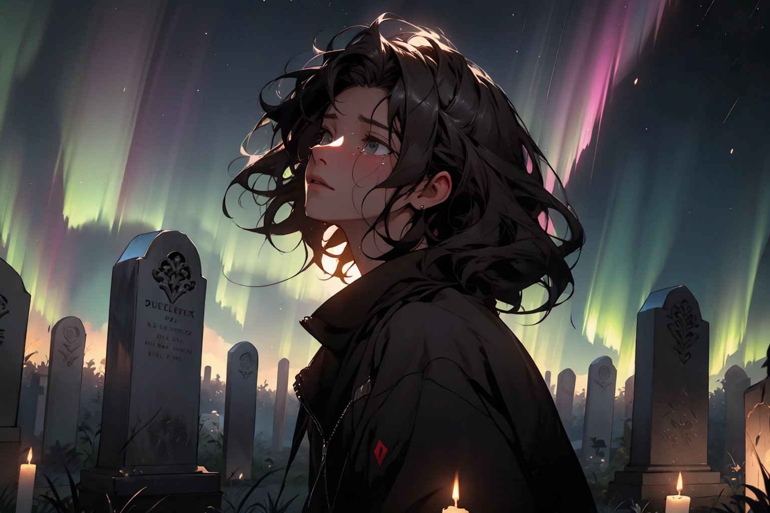 1girl, 1boy, dark hair, black suit, crying, sad, looking up the sky, the grave stone, enlighting the environment with aurora, Léa Seydoux, fantasy environmet, digital painting, digital illustration, extreme detail, digital art, 4k, ultra hd, by Michael Garmash, Ben Bauchau, Grishaverse universe,