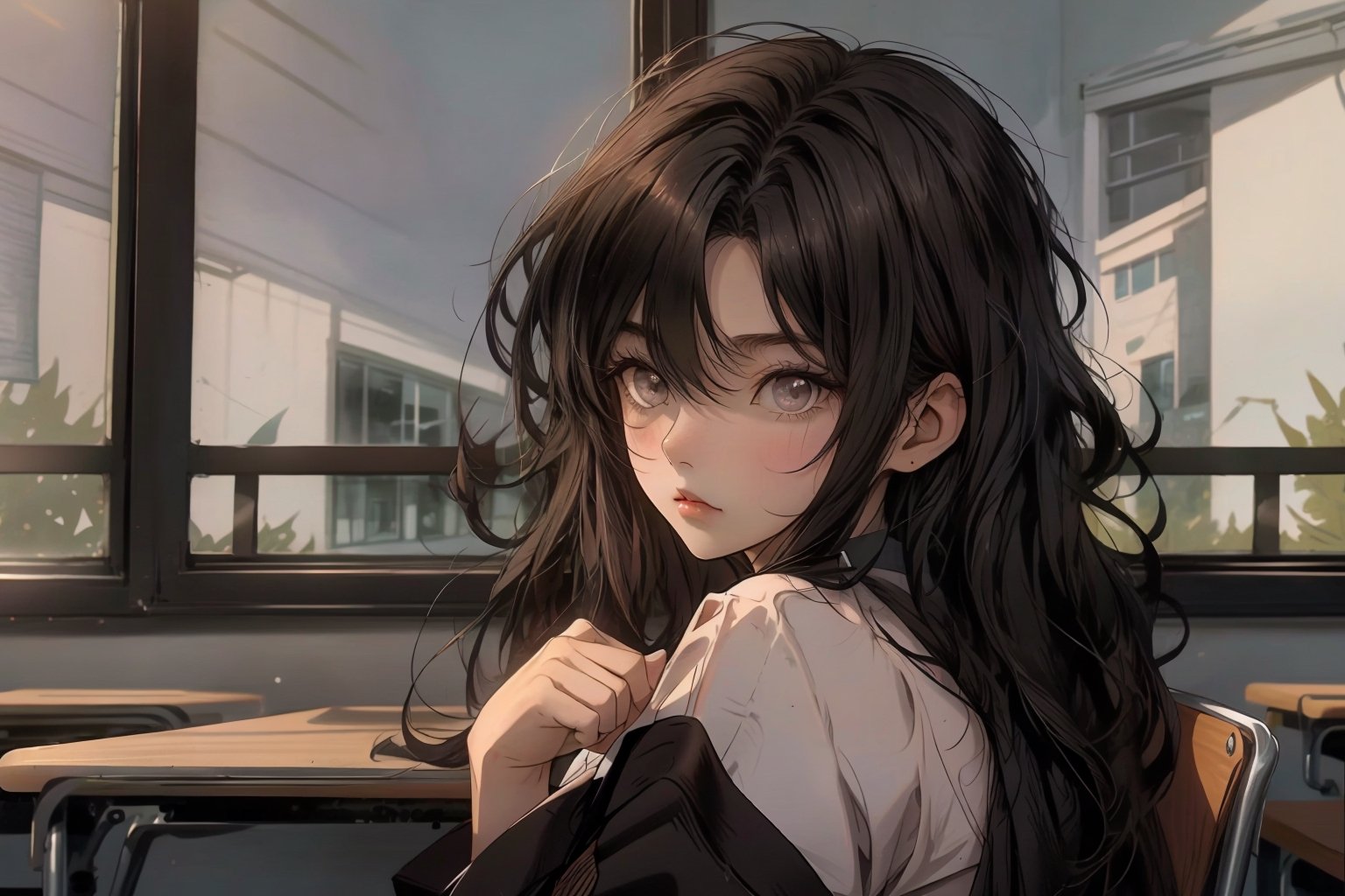 school uniform, She was sitting in the back of the class, her long dark hair cascading over her shoulders, her dark black eyes staring out the window. side look, looking outside the window, in a high school classroom.