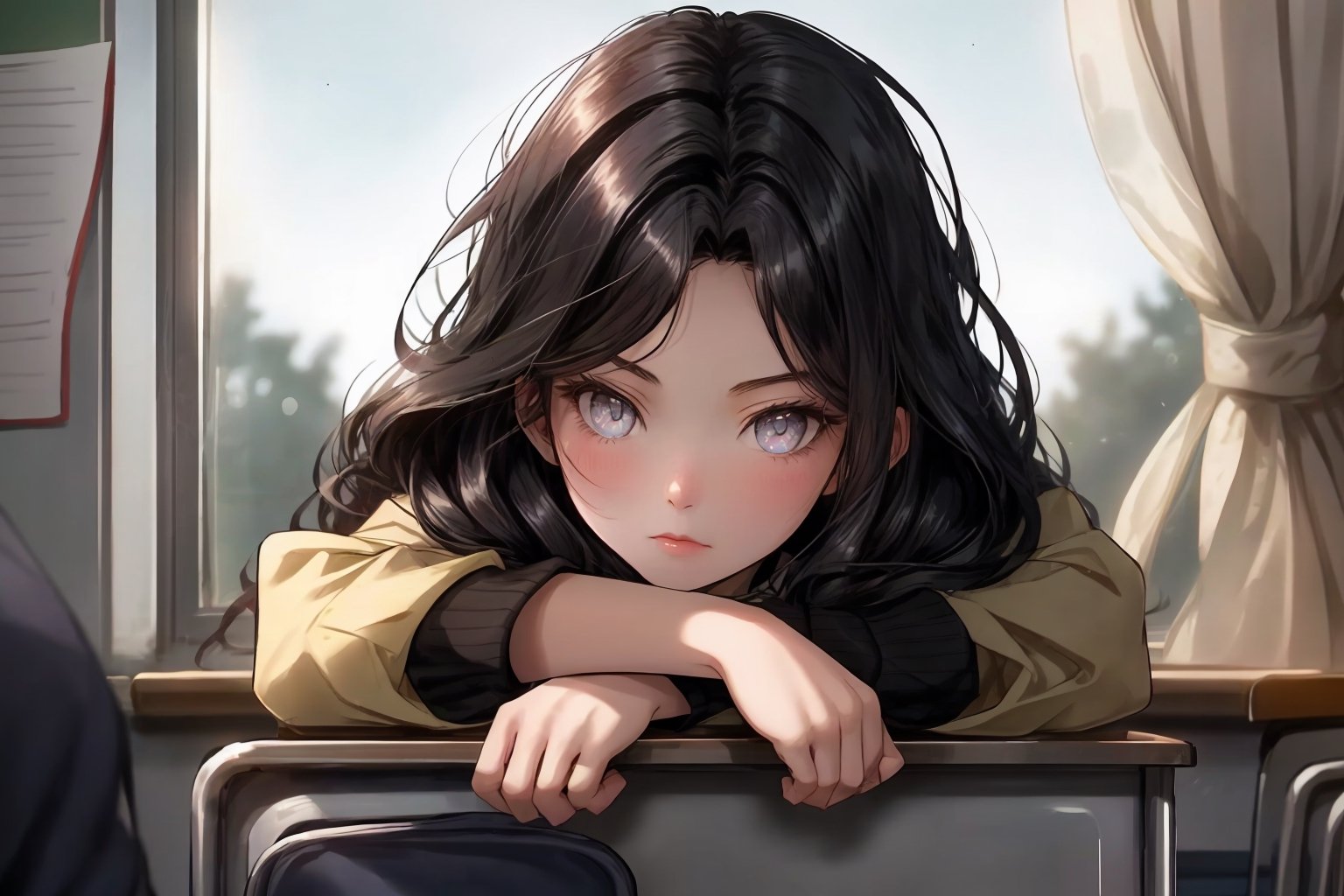 She was sitting in the back of the class, her long dark hair cascading over her shoulders, her dark eyes staring out the window. in a high school classroom.