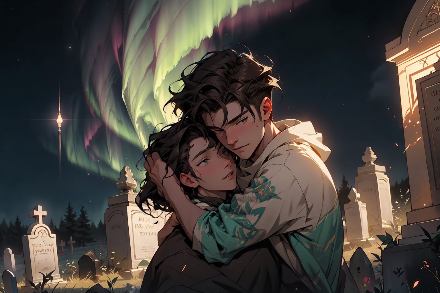 1boy, 1girl, 1boy, a girl hugging a man with dark hair,the grave stone, enlighting the environment with aurora, Léa Seydoux, fantasy environmet, digital painting, digital illustration, extreme detail, digital art, 4k, ultra hd, by Michael Garmash, Ben Bauchau, Grishaverse universe,