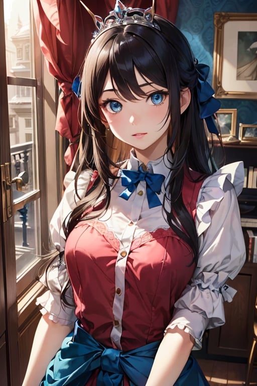 (best quality, masterpiece, illustration, designer, lighting), (extremely detailed CG 8k wallpaper unit), (detailed and expressive eyes), detailed particles, beautiful lighting, a cute girl, long blonde hair, wearing a teddy bear tiara, donning a beautiful blue and white dress with ruffles and lace, sheer pink stockings, transparent aquamarine crystal shoes, bows around her waist (Alice in Wonderland), butterflies around, (Pixiv anime style), (Wit studios),(manga style), 