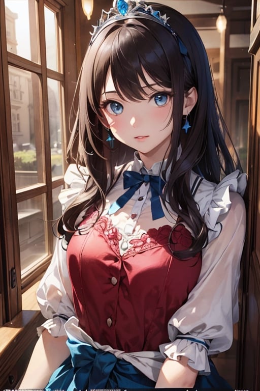 (best quality, masterpiece, illustration, designer, lighting), (extremely detailed CG 8k wallpaper unit), (detailed and expressive eyes), detailed particles, beautiful lighting, a cute girl, long blonde hair, wearing a teddy bear tiara, donning a beautiful blue and white dress with ruffles and lace, sheer pink stockings, transparent aquamarine crystal shoes, bows around her waist (Alice in Wonderland), butterflies around, (Pixiv anime style), (Wit studios),(manga style), 