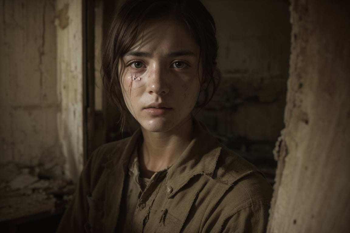 Wounded soldier(detailed face, sad face, detailed eyes),sitting in abandoned house,bleeding,burning house, tree line,view form above:1.9,8k uhd,realistic,photorealistic, highly detailed,high_resolution, cinematic lighting, detailed background,extremely realistic, photo realistic , vintage photo