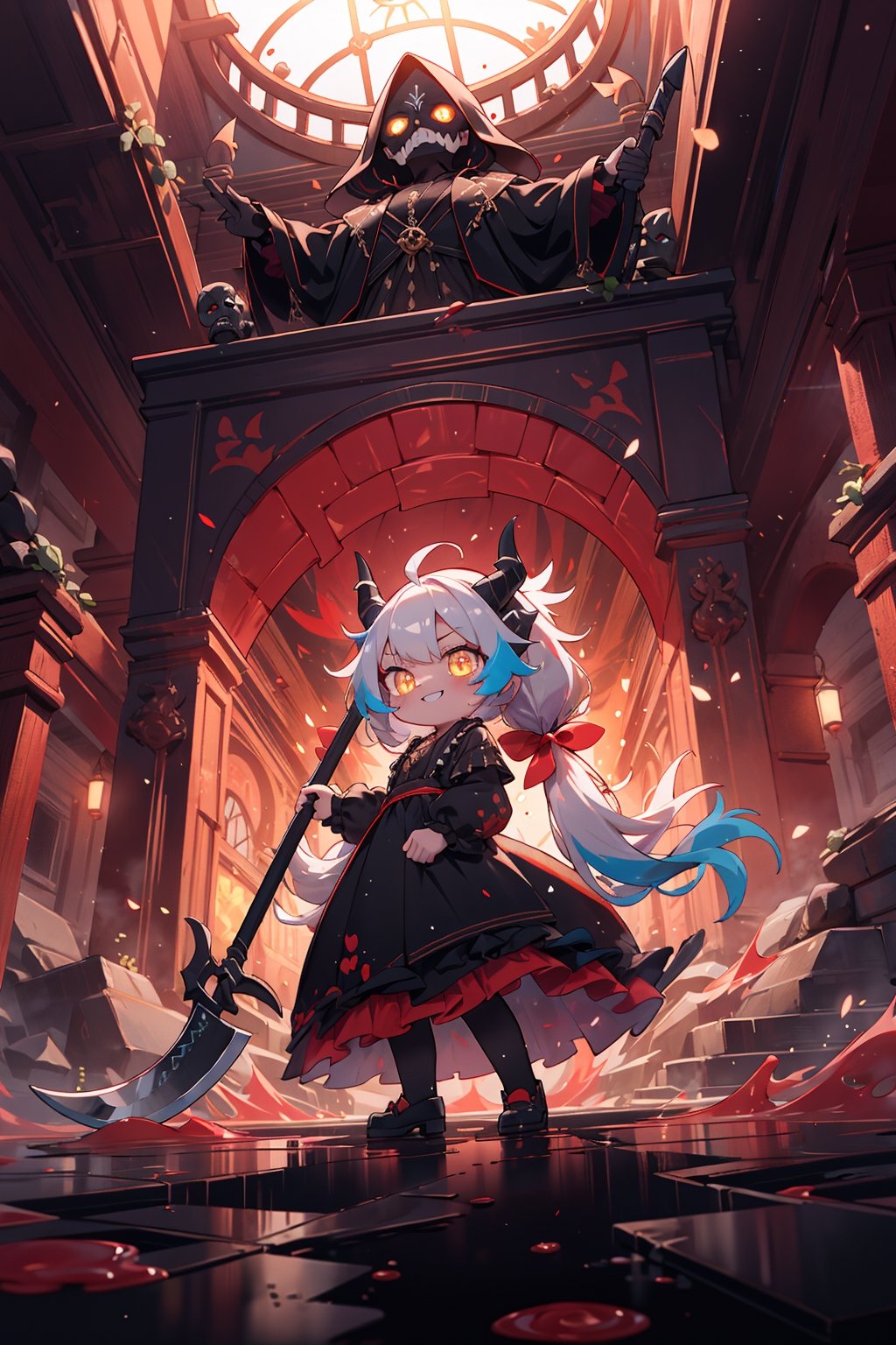 dutch angle,from below,best quality,(wide Shot,masterpiece,ultra detailed 8k art),best hands,(2 horns,focus 1 Girl of Death face),tilt one's head,(cmulti colored hair:1.3), low twintails,evil smile,glowing yellow eyes,Black dress,(Grab the golden grim reaper's scythe) BREAK
(red pool,last judgment:1.2),red pool with floating White Rose, scary,Wall with mysterious carvings,gothic,catacombs,Rose,labyrinth, complex building,High ceilings, large spaces