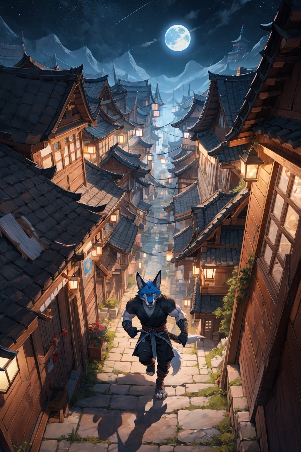 From above,(best fluffy hands:0.7),best quality,(masterpiece:1.1576),(ultra detailed 8k art:1.05),China,fantasy,(anthro,furry),flurry.fox male,muscler,1 fox tail,ninja,assassin,late night,Shadow,
running over buildings, night view