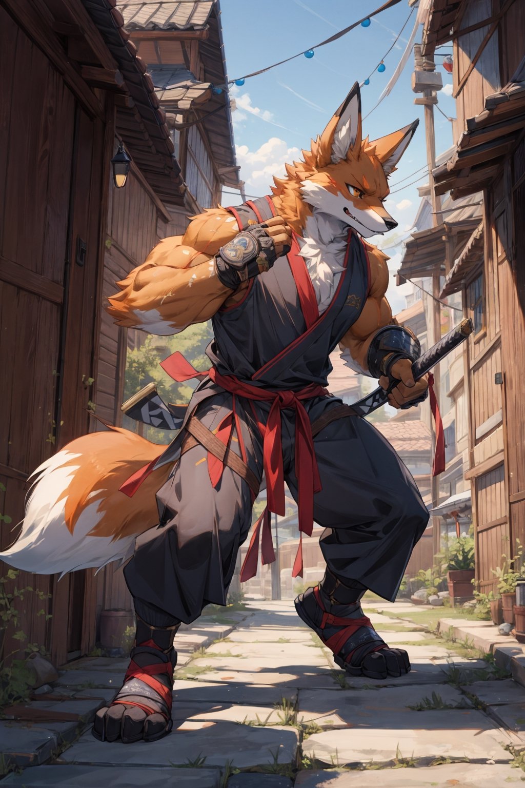 (best fluffy hands:0.7),best quality,(masterpiece:1.1576),(ultra detailed 8k art:1.05),(anthro,furry),flurry.fox male,muscler,1 fox tail,ninja,assassin